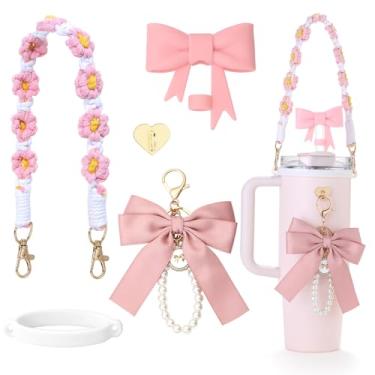 Imagem de Conjunto de acessórios Stanley Cup - alça para garrafa de água, capa de canudo de silicone com laço, 5 peças Stanley Charms para copos Stanley de 850 g, copo de 1,134 g, rosa