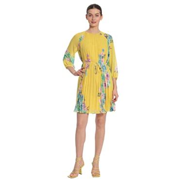 Imagem de Maggy London Vestido feminino com estampa floral manga raglã com corpo trapézio plissado e laço de cintura fina, Gota de limão/azul, 48