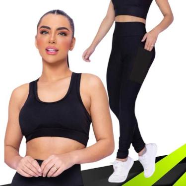 Imagem de Kit conjunto TOP ALÇA MÉDIA bojo + CALÇA LEGGING BOLSOS Feminino Acade
