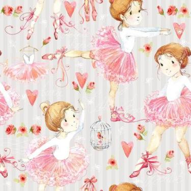 Imagem de Papel de Parede Decorativo Baby Bailarina Rosa com Fundo Listrado Cinz