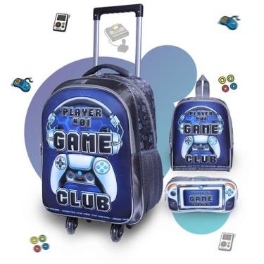 Imagem de Kit Mochila de Rodinha Menino Bolsa Estojo Lancheira Game - Klizz, Azu