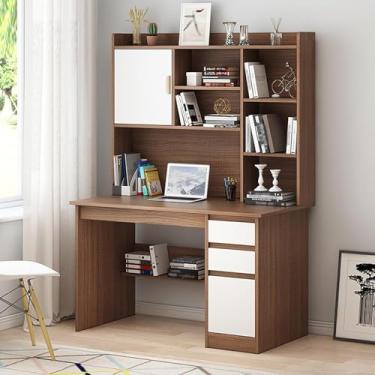 Imagem de Mesa de escritório moderna em casa com prateleira de armazenamento, mesa de estudo, mesa de trabalho com gaiola e estante, mesa de computador de madeira com gavetas e prateleiras, marrom 1.100 x 45 x