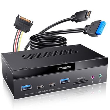 Imagem de ineo Leitor de cartão de painel frontal USB 3.2 de 13.3 cm 10 Gbps com portas de áudio - leitor interno SD/microSD, USB3.2 Tipo-E Key-A 20 pinos e conector USB3.0, alimentação SATA de 15 pinos