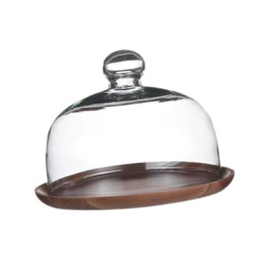 Imagem de Gralara Suporte de bolo em madeira com cúpula de vidro, bandeja para exibição de sobremesas, Tampa de 18cm, Tamanho real