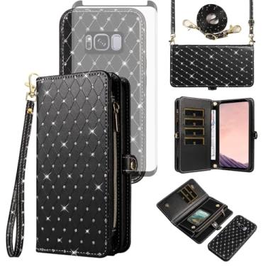 Imagem de Asuwish Capa de celular para Samsung Galaxy S8 Plus com zíper carteira de celular com alça protetora de tela de vidro temperado com glitter flip compartimento para cartão S8plus S 8 8plus 8S Edge S8+