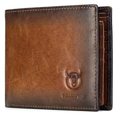 Imagem de Carteiras masculinas BULLCAPTAIN com janela dupla para documento de identificação, finas, dobráveis, vintage, de couro legítimo, bolso frontal, QB-05#3, 01Brown, Small