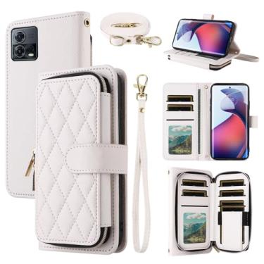 Imagem de Dswteny Argyle Capa carteira para Motorola Edge 30 Fusion/Moto S30 Pro 5G com alça de pulso, alça de ombro, zíper de couro PU, suporte para cartão de crédito, suporte para celular para mulheres e