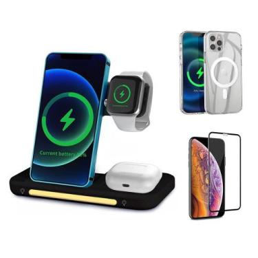 Imagem de Carregador Sem Fio 3 em 1 Indução + Capinha Magnética Magsafe + Pelícu