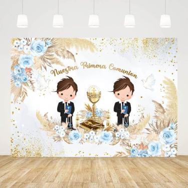 Imagem de AIBIIN 2,1 x 1,5 m Nuestra Primera Comunion pano de fundo para gêmeos meninos, batismo, Deus abençoe, primeira comunhão, decorações de festa de batizado, boho, azul, floral, dourado, pombas, banner,