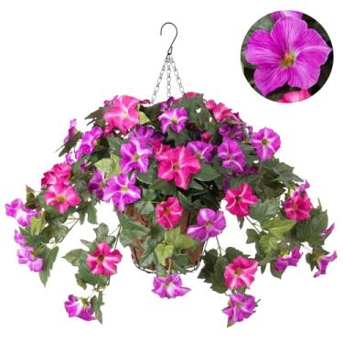 Imagem de Ammyoo Flores falsas artificiais penduradas com cesta de plantas para decoração ao ar livre, flor de seda sintética resistente a UV para casa, varanda, pátio, jardim, varanda, quintal, aparência real