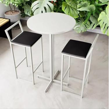 Imagem de Conjunto Mesa Alta Bar Bistrô Redonda Branca 2 Banquetas Confort Estofado Industrial White (Preto)