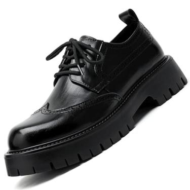 Imagem de Sapato social masculino plataforma Wingtip Brogue, couro vintage, Oxford Derby, casual, trabalho, negócios, escritório, sapatos, Preto, 38 BR