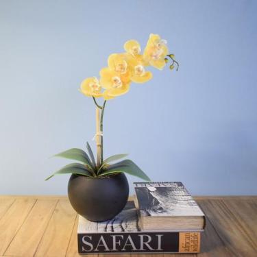 Imagem de Arranjo de Orquídea Artificial Amarela no Vaso de Vidro Preto  Formosi