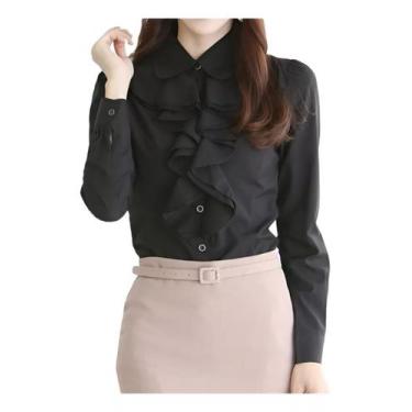 Imagem de N-F0101-Blusa Camisa Feminina Social Babado Plus 4n0501 - Xumi, Preto 