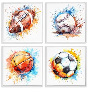 Imagem de Stupell Industries Modern Splash Sports Balls 4 peças de arte de parede giclée emoldurado branco design por LSR Design Studio, 12 x 12