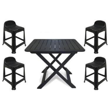 Imagem de Mesa Quadrada Dobrável 80x72cm Preta + 4 Banquetas Com Encosto - Plast