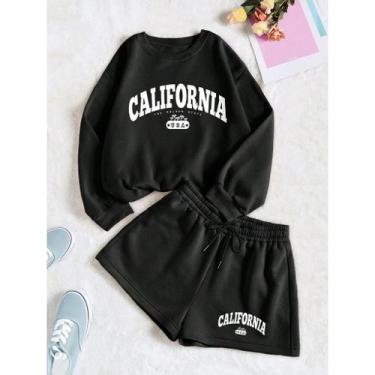 Imagem de Conjunto Feminino Gola Careca E Short Moletom Estampado Slogan Califór