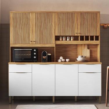 Imagem de Cozinha Compacta com 8 Portas 2 Gavetas e Mini Adega 200,20cm 100% Mdf Hungria Espresso Móveis Amêndoa/Branco