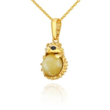 Imagem de AMBEDORA Colar feminino pequeno ouriço com âmbar, prata esterlina banhada a ouro, âmbar báltico na cor leitosa, pingente banhado a ouro com corrente, Prata esterlina, Âmbar