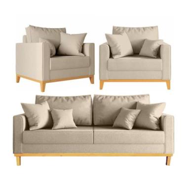 Imagem de Kit Sofá Beny 180cm + 2 Poltronas Base de Madeira Linho - Passoni Deco