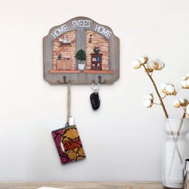 Imagem de ACCENT COLLECTION Porta-chaves de madeira rústica para parede com termômetro - Home Sweet Home, 2 ganchos duplos, decoração de casa de fazenda de entrada
