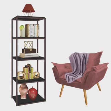 Imagem de Kit Poltrona Fatte com Manta Soft Lilás e Estante Livreiro Ferro Marrom mdf Preto Suede Rose Gold - Ahazzo Móveis