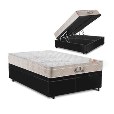 Imagem de Cama Box Baú Queen 158 Bipartido Sintético Preto com Colchão Ortobom Airtech Spring Pocket D26 Bege 70x158x198