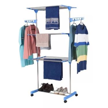 Imagem de Varal de Chão 3 Andares Vertical Retratil Em Metal Azul Com Rodinhas，Adequado para varanda doméstica, interior, pode secar roupas, lençóis e outros tecidos.varal de chão；varal；varal de chao