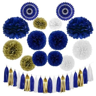Imagem de Envibe Decorações Para Festas Em Azul-Marinho E Branco Dourado - Pompons De Papel Seda Aniversários, Chás Bebê, Revelação Gênero Panela 34 Peças Decoração Casamento Azul