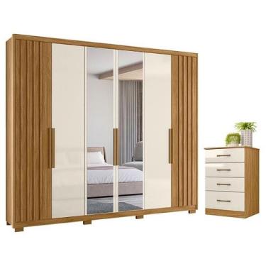 Imagem de Guarda Roupa Casal Araguaia e Cômoda MS913 Freijó Off White com Espelh