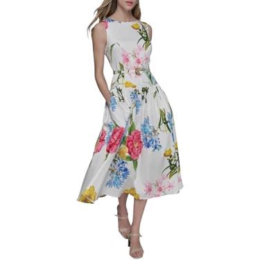 Imagem de KARL LAGERFELD Vestido feminino midi sem mangas com gola redonda, Branco macio multi, 50