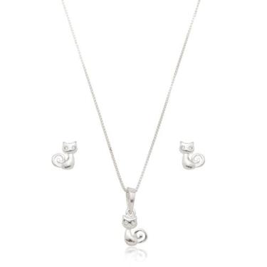Imagem de Conjunto Colar e Brincos Gato Prata 925 - Atraktiva Joias, 45cm