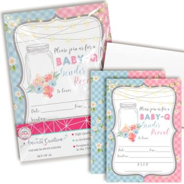 Imagem de BabyQ Convites de revelação de gênero com design de pote de pedreiro e guingão - 20 cartões temáticos de churrasco 5x7 com envelopes - Convites fofos para chá de bebê no quintal da AmandaCreation