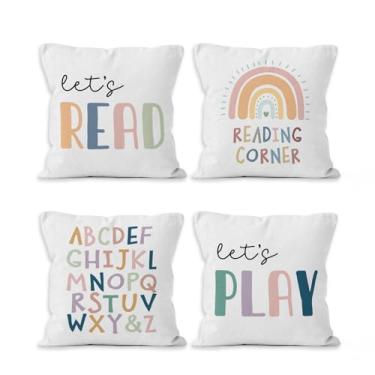 Imagem de VRW Capas de almofada para crianças 45,7 x 45,7 cm, Let's Read Play, alfabeto inglês, arco-íris, decorativas, para crianças, berçário, leitura, canto, sala de jogos, sala de aula, conjunto com 4