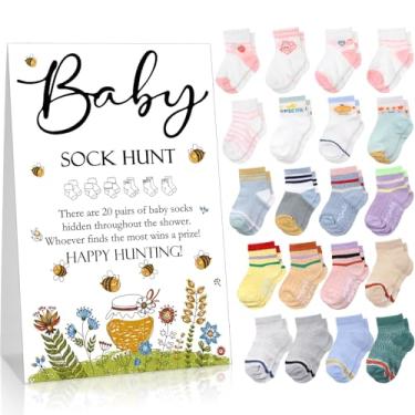 Imagem de Hoteam 21 peças de jogos de chá de bebê incluem placa de caça de meias de bebê e 20 pares de meias pequenas de algodão placa de mesa de madeira com suporte para meninos e meninas gênero revelar