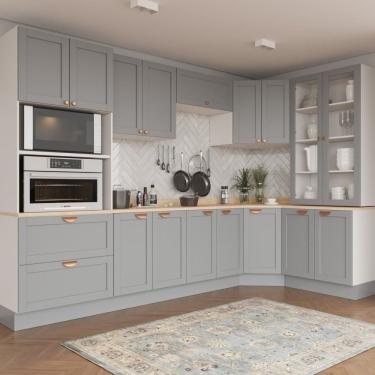 Imagem de Cozinha Modulada 9 Peças Com Tampo 4 Aéreos 4 Balcões E Torre Quente Arizona Branco/cinza