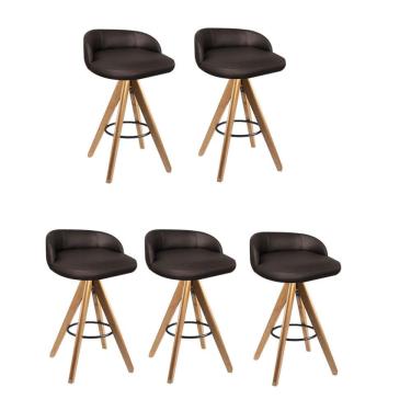 Imagem de Kit 05 Banqueta Alta Com Encosto Bali Base Giratória Madeira Corino Marrom - Amey Decor