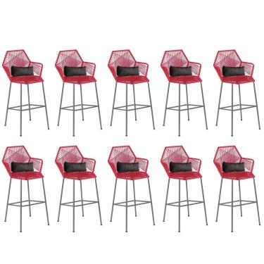 Imagem de Kit 10 Banqueta Alta Com Encosto Balcão Ferro Prata Fibra Vermelho Almofada Suede Cinza