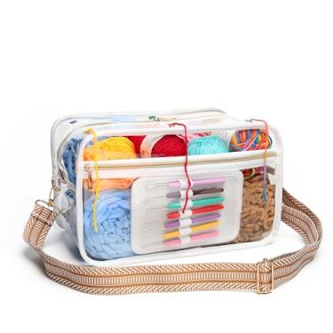 Imagem de SIHEJA Bolsa De Crochê - Organizador Transparente Para Armazenamento Fios E Acessórios, Alças Ombro Em Jacquard Listrado Branco