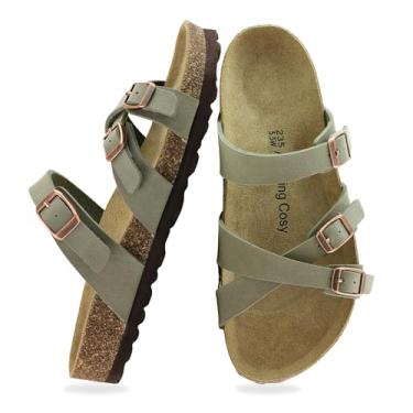 Imagem de Amazing Cosy Sandália feminina de cortiça unissex, confortável de couro vegano, sandália de praia de verão com alça de fivela ajustável, bico aberto casual - ajuste largo, Verde, 34