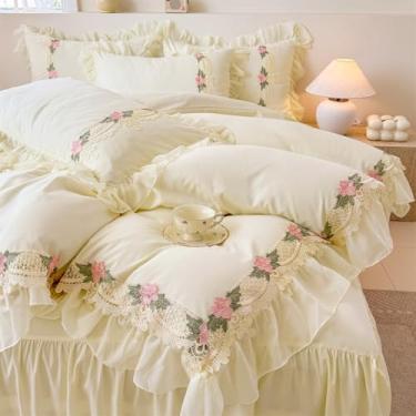 Imagem de Conjunto de cama floral chique com babados, 1 capa de edredom + 2 fronhas, roupa de cama estilo princesa francesa para meninas - 2 peças de capa de edredom solteiro com fecho de zíper - ultramacia e