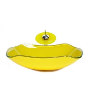 Imagem de Cuba de Vidro Abaulada 45cm Amarelo + Válvula + Torneira Cascata - Cub