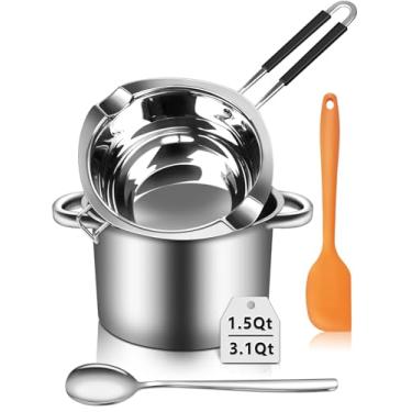 Imagem de Artcome Conjunto de panela de derretimento de aço inoxidável 304 com alças duplas, espátula e colher de silicone, panela de 2600 ml e tigela de derretimento de 1200 ml, alças de silicone resistentes