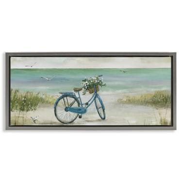 Imagem de Stupell Industries Bicicleta com Cesta de Flores na Praia Cinza Emoldurado Tela Flutuante Arte Design de Parede por Nan, 78 x 35