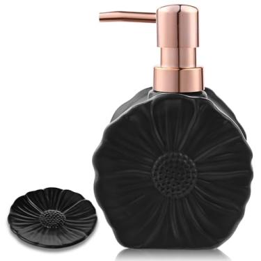 Imagem de Conjunto de dispensador de sabão e prato de bancada de flores de cerâmica, bandeja de bugigangas (preto)