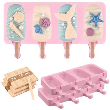 Imagem de Sakolla Conjunto de 3 moldes de picolé de silicone, ovais grandes, 4 cavidades, moldes de picolé caseiros com 150 palitos de madeira para sorvete, bolos, pop de bolo (rosa)