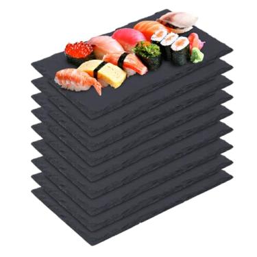 Imagem de IHDYPPEW Pacote com 9 tábuas de queijo de ardósia de 25 x 15 cm, tábuas de charcutaria retângulo preto, pratos de pedra de charcutaria natural para festas, presentes e eventos especiais, queijo, sushi