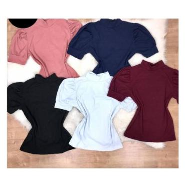 Imagem de Blusa feminina canelada gola alta manga curta bufante  - propria