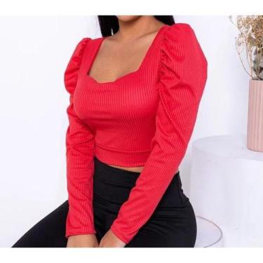 Imagem de Blusa cropped manga longa bufante decote quadrado tecido canelado moda