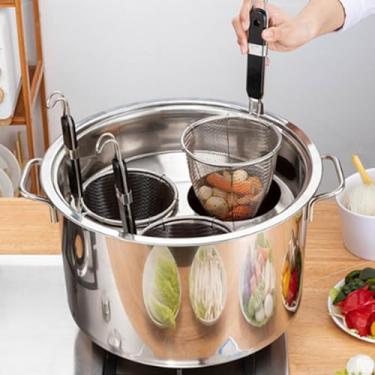 Imagem de Conjunto de panela de cozimento de macarrão, ferramenta de cozimento multipanelas com cesta de filtro, panela de aço inoxidável com tampa, cesta de macarrão de 3 furos para ferver. Para cozinha